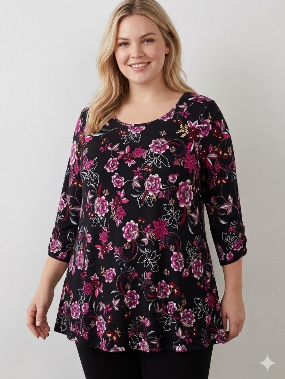 Westport Black Floral V-Neck Tunic with Purple-pink Flowers 2X